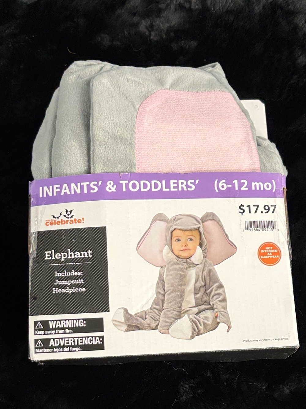 NWT Way to Celebrate! Gray Pink Baby Elephant Costume Jumpsuit Headpiece 6-12M